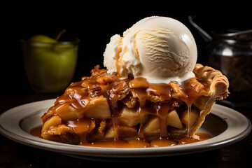 Slice of apple pie crowned with a generous scoop of velvety vanilla ice cream. Ai generated - obrazy, fototapety, plakaty