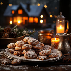 Fototapeta premium the scent of cinnamon and ginger wafting through the kitchen as cookies bake, while outside, gentle snowflakes fall from the sky