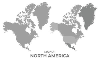 Fototapeta na wymiar Greyscale vector map of North America with regions and simple flat illustration