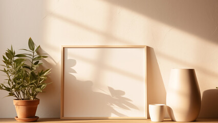 An empty picture frame hanging on a wooden wall in a minimalist living room with warm, soft light