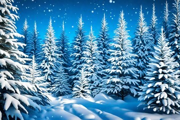 Christmas holiday trees. Border snow background. Snowflakes. Blue spruce, beautiful Christmas and New Year Xmas trees art design, abstract blue widescreen backdrop