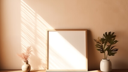 An empty picture frame hanging on a wooden wall in a minimalist living room with warm, soft light