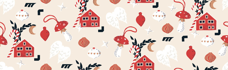 Merry Christmas and a happy new year. Christmas pattern. Christmas tree, balls, snowflakes, lollipop, star, moon, house, toy, wings, hare.