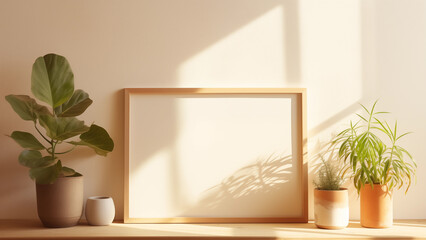 An empty picture frame hanging on a wooden wall in a minimalist living room with warm, soft light