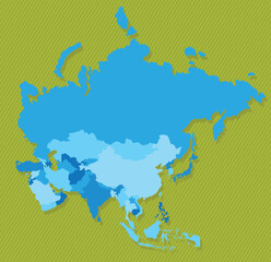 Asia map with regions blue political map green background vector illustration