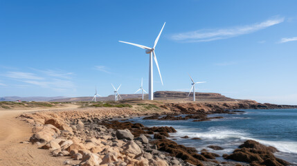 Wind Turbines Along Coastal Landscape