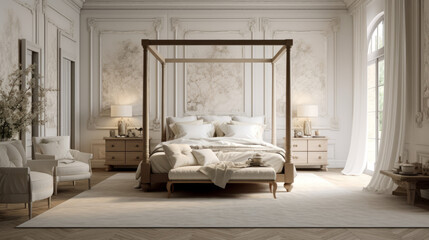 a traditional bedroom with cream-colored walls and carpeted floors A large four-poster bed is in the center of the room