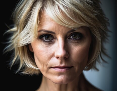 Beautiful 50 year old woman with short blonde haircut and wrinkles for facial care, age-defying, serenity, wisdom, experience and healthy aging concept