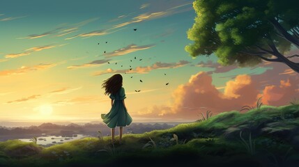 Illustration of a young girl from her back standing on the hill looking to sunset valley symbolizing passing years, clock ticking and life cycle and climat changes - obrazy, fototapety, plakaty