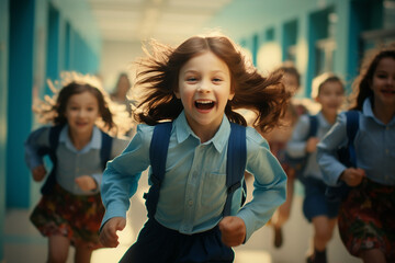 Happy kids joyfully running down a school hallway celebrating the impending joy of vacation. Ai generated