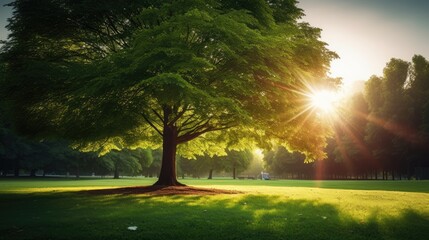 Isolated big green park tree lightened with sunrays for new beginning - obrazy, fototapety, plakaty
