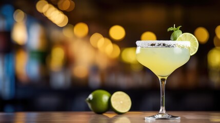 Single alcoholic drink or beverage Margarita cocktail with lime on a bar counter with a blurred background with copy space for bar or pub advertisement banner or poster