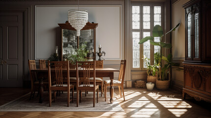 a traditional dining room with a large mahogany table and a set of chairs and a beautiful chandelier above