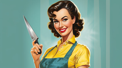 Pretty pin up young woman holding a knife. 50s style retro poster. Generative AI - obrazy, fototapety, plakaty