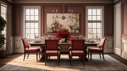 Fototapeta na wymiar a traditional dining room with a large oak table surrounded by chairs and all in a deep cherry finish