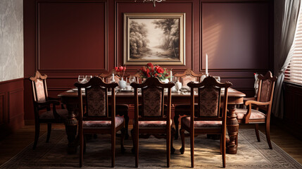 a traditional dining room with a large oak table surrounded by chairs and all in a deep cherry finish