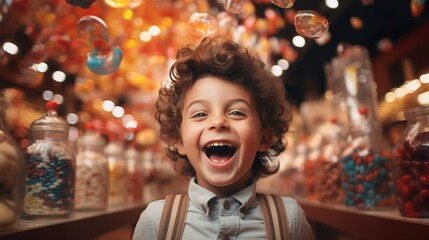 Happy and excited kid in a candy store, Generative AI - obrazy, fototapety, plakaty