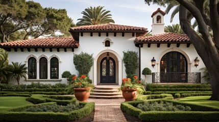 Fototapeta premium A Mediterranean-inspired villa exterior with terracotta roof tiles, wrought-iron details, and lush greenery for a touch of European elegance. 