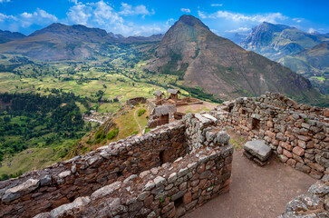 Sacred Valley of the Incas in Peru, South America. Viewed from the ruins of Qantus Raqay.