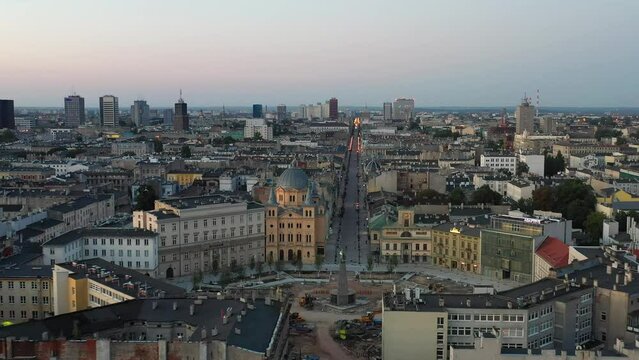 Beautiful scenery of Lodz city center with Piotrkowska street at dawn, Poland