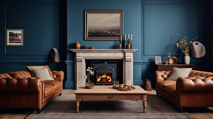 a traditional living room with da“k blue walls and white carpet A large brown leather sofa sits in the center of the room with a wooden coffee table in front of it A large fireplace is mounted