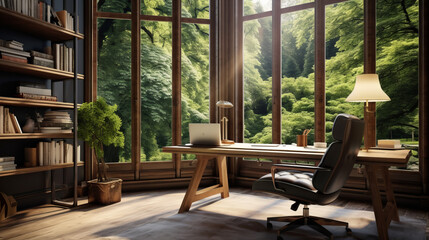 a traditional office with a wooden desk and a leather chair and a large window with a view of the garden