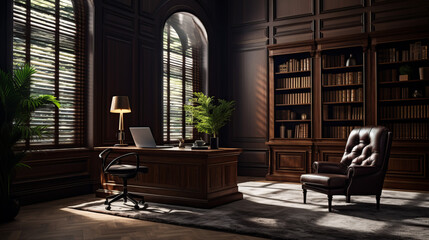 a traditional office with dark wood walls and a plush carpet and a large window