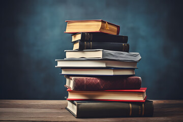 stack of books on table with blackboard background - university or school graduation and education ...