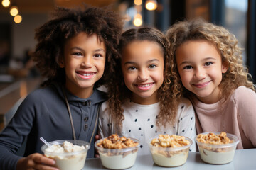 Group of classmates having lunch during break. Three cute children girls with multicolored skin curls smile at the camera, at their breakfast at school or kindergarten.