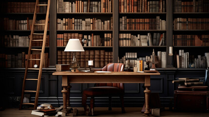 a traditional study room with a large wooden desk and a comfortable chair and several shelves filled with books and office supplies