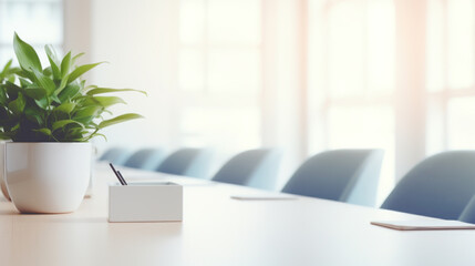 Obraz na płótnie Canvas Bright modern boardroom with plant and empty chairs
