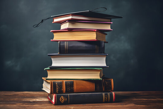 stack of books on table with blackboard background - university or school graduation and education  concept