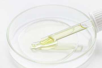 Petri dish. Pipette with golden serum or gel or serum, yellow on a light background.