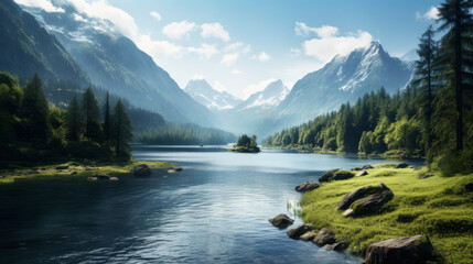 a tranquil lake surrounded by tall trees and majestic mountains - obrazy, fototapety, plakaty