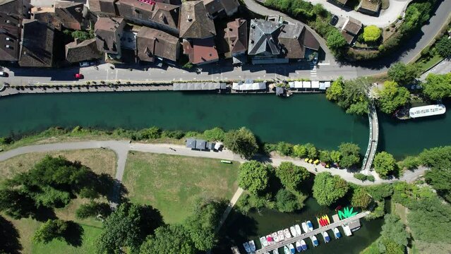 Aerial view of Chanaz, Canal de Savieres in Savoie, France
