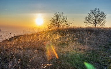 Sunset in the autumn mountains. Sunlight shines among the dry, yellowed grasses. Calm evening in the Ukrainian Carpathians