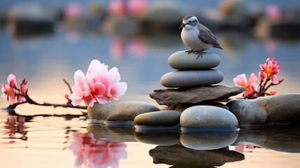 Obraz na płótnie Canvas bird sitting on pyramid or tower of stones on the river bank, zen, harmony, chedo, water, rocks, lake, spa, relaxation, nature, tranquility, beauty, balance, landscape, minerals, shape, flower, animal