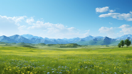 Naklejka na ściany i meble a vibrant and green meadow with a bright blue sky and a distant mountain range