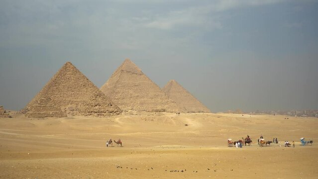 Ancient huge pyramids in the hot African desert on a sunny day