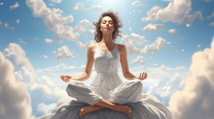 Woman practicing yoga on a soft, floating cloud, embodying tranquility and balance. Ai generated