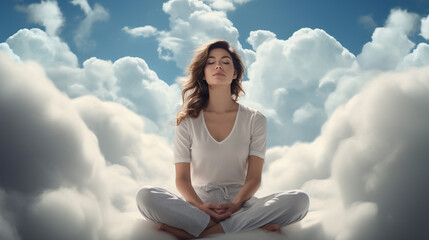 Naklejka na ściany i meble Woman practicing yoga on a soft, floating cloud, embodying tranquility and balance. Ai generated