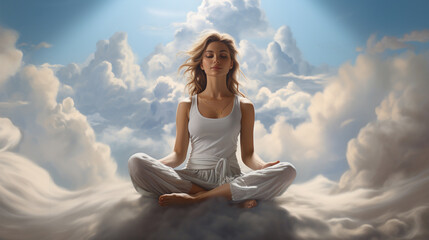 Fototapeta na wymiar Woman practicing yoga on a soft, floating cloud, embodying tranquility and balance. Ai generated