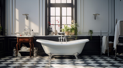 a vintage-style bathroom with a clawfoot tub and a white sink and black-and-white tile flooring