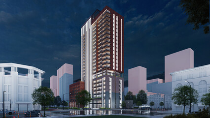 Obraz premium Stunning 3D Rendering of a Residential High Rise Building, Daytime, Modern skyscraper
