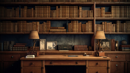 Fototapeta na wymiar a vintage-style study with a wooden desk and a wall of shelves and a filing cabinet in the corner