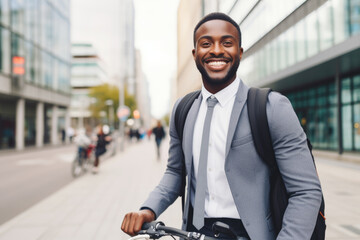 Successful smiling African American businessman with backpack riding a bicycle in a city street in London. Healthy, ecology transport	