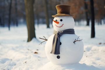Cheerful cute snowman in a hat and scarf in the winter forest close-up