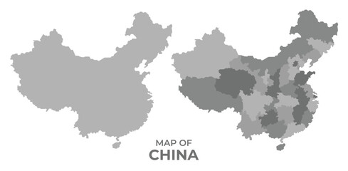Greyscale vector map of China with regions and simple flat illustration