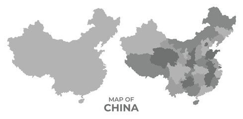 Obraz premium Greyscale vector map of China with regions and simple flat illustration