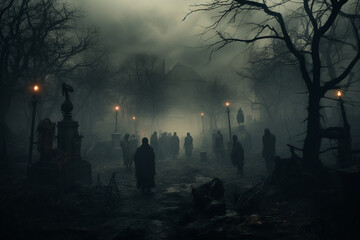 Zombies  walking through a cemetery under the eerie moonlight, evoking a chilling atmosphere of the undead in the night. Ai generated